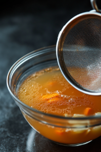 This image shows a fine-mesh strainer carefully removing onions, carrots, and ginger from the soup, leaving behind a perfectly clear and flavorful broth.