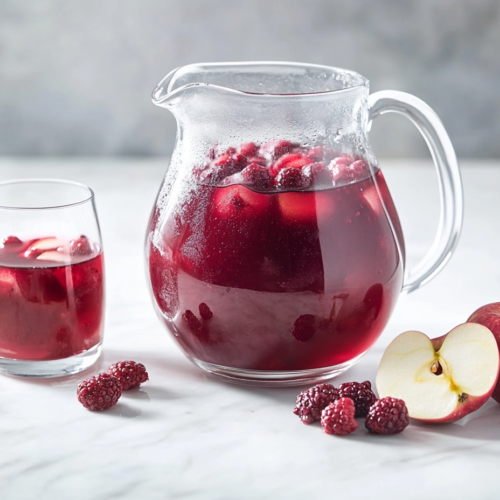 This image shows a glass jar filled with chilled red kompot, with fresh raspberries floating on top. Beside the jar, there are sliced apples, highlighting the fruity ingredients of this refreshing homemade drink. The scene captures the vibrant and natural essence of traditional kompot.