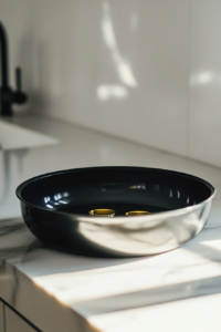 This image shows a stainless steel pot on a stovetop, with a swirl of oil gently heating up, preparing the base for a rich and aromatic soup.
