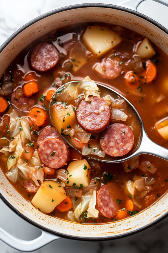 This image shows a beautifully plated bowl of Kielbasa and Cabbage Soup, garnished with fresh dill and served with a spoon, ready to enjoy.