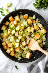 adding-first-third-of-bread-cubes-to-stuffing-top-down-view