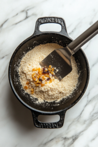 This image shows various spices and nuts being added to the semolina mixture to enhance the flavor and texture of the Sooji Halwa.