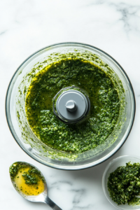 This image shows a food processor with a spoonful of water added to adjust the consistency of the green chutney, ensuring it's the perfect texture for serving.