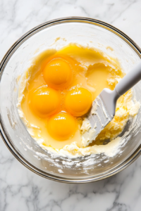 This image shows egg yolks being added to the creamed butter and sugar, forming a smooth, rich mixture for the soul cake dough.