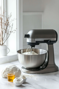 This image shows salt, olive oil, and flour being added to the mixing bowl, the next step in preparing the ingredients for the pizza dough.