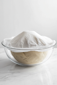 This image shows the dough resting and rising in a bowl, covered with a cloth, as it expands and doubles in size, ready to be shaped.
