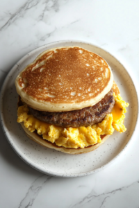 assembling-sausage-mcgriddle-with-pancakes-sausage-egg-and-cheese