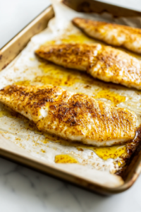 This image shows seasoned tilapia fillets baking in the oven, turning golden brown and flaky, ready to be used in tacos.