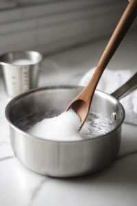 This image shows boiling water in a pot with sugar being dissolved, preparing the base for activating yeast to make the sweet Amish bread dough rise.