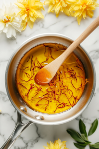 This image shows the sugar syrup bubbling as it boils, reaching the right consistency to soak the fried Gulab Jamuns.