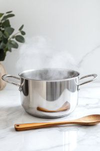 This image shows a large pot of water coming to a boil on the stove, ready to be infused with fresh fruit for the Kompot drink.