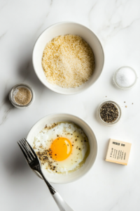 This image shows a setup of three bowls containing flour, beaten eggs, and crispy panko breadcrumbs, ready for breading the chicken.
