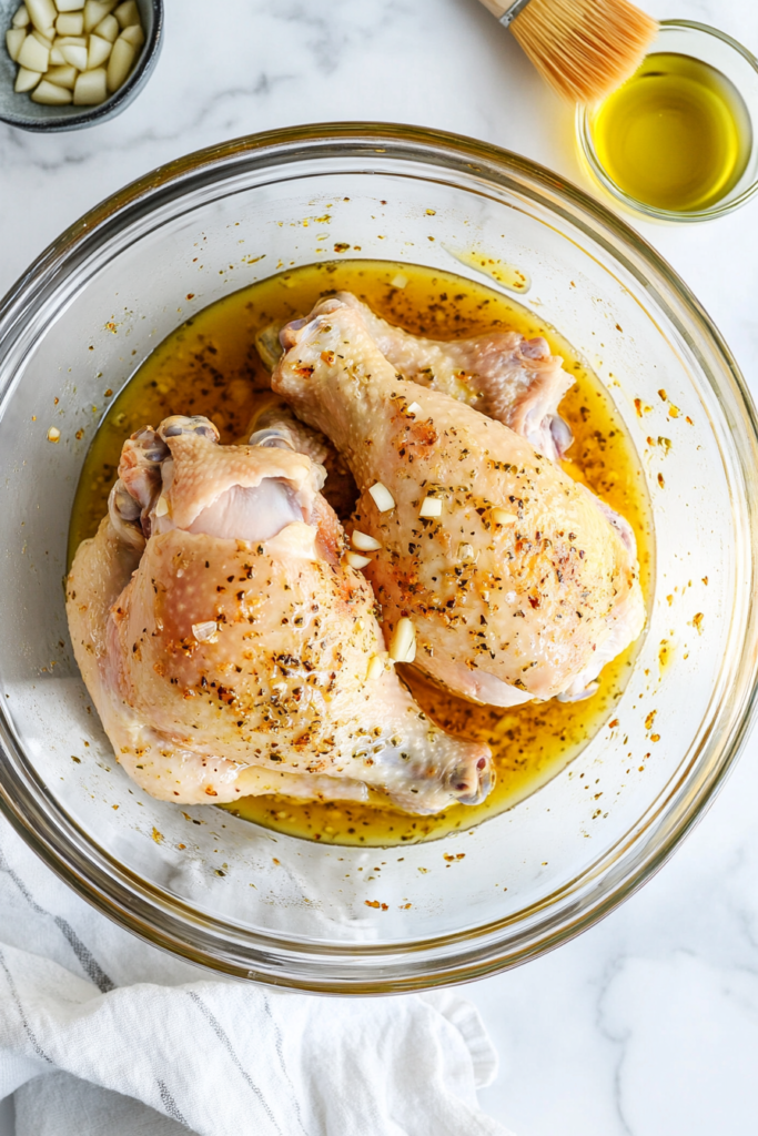 This image shows split chicken breast being coated with olive oil and minced garlic, ensuring a juicy, tender texture and enhancing the flavor before roasting.