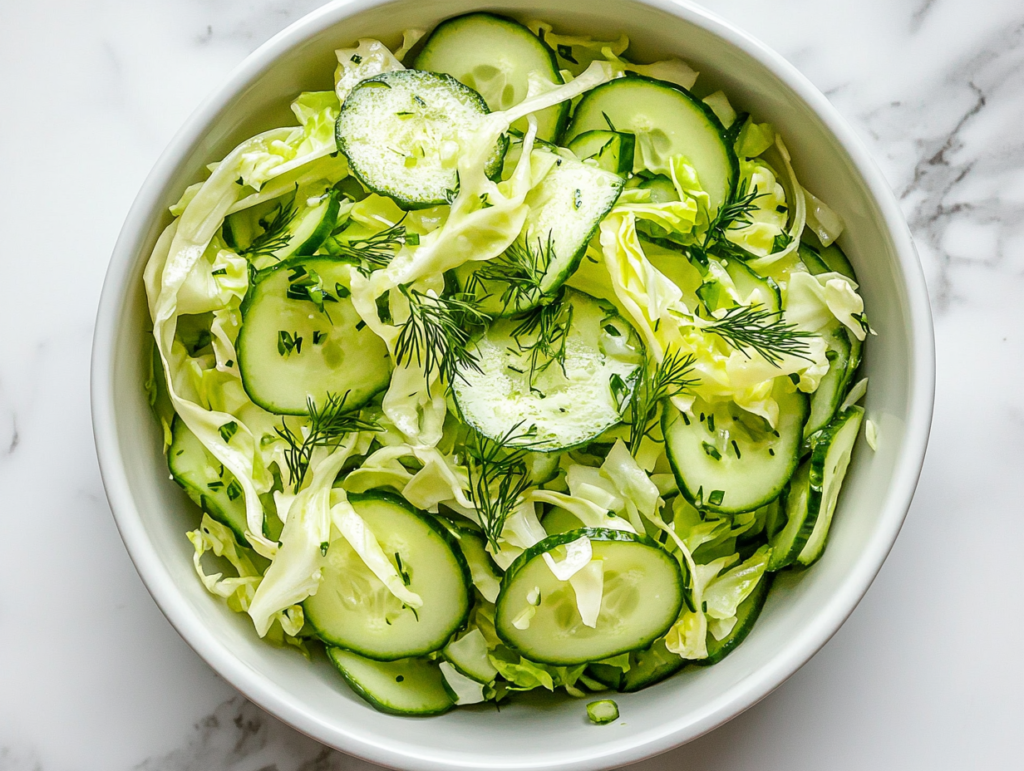 This image shows a fresh cabbage and cucumber salad in a white round bowl, topped with herbs and vibrant green vegetables, ready to be enjoyed.