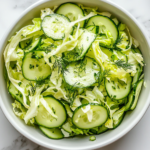 This image shows a fresh cabbage and cucumber salad in a white round bowl, topped with herbs and vibrant green vegetables, ready to be enjoyed.