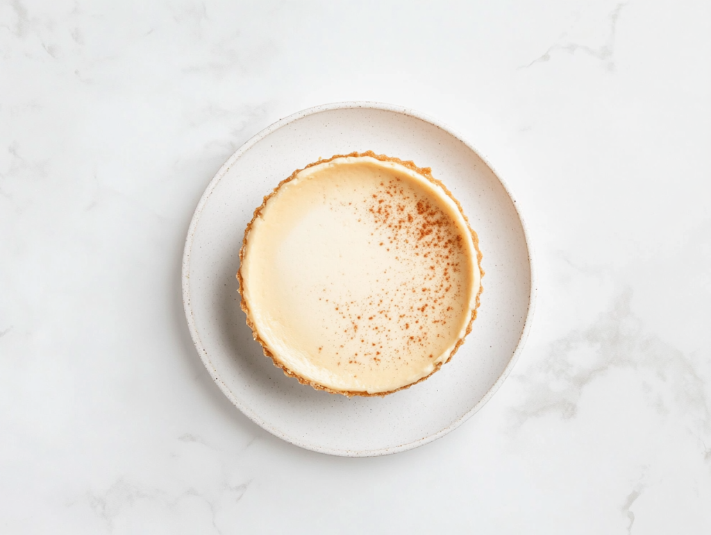 chantals-classic-cheesecake-on-a-white-plate-topped-with-smooth-cream-cheese-and-a-sprinkle-of-cinnamon-sugar