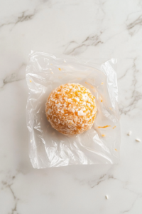 This image shows a fully coated cheese ball wrapped securely in plastic wrap, preparing it for refrigeration to enhance flavor and texture.