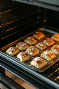 This image shows a tray of cheese Danish pastries baking in the oven, their flaky layers rising and turning golden brown.