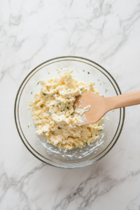This image shows the blended cheese mixture being gathered into a soft, cohesive lump, preparing it for shaping into a ball.