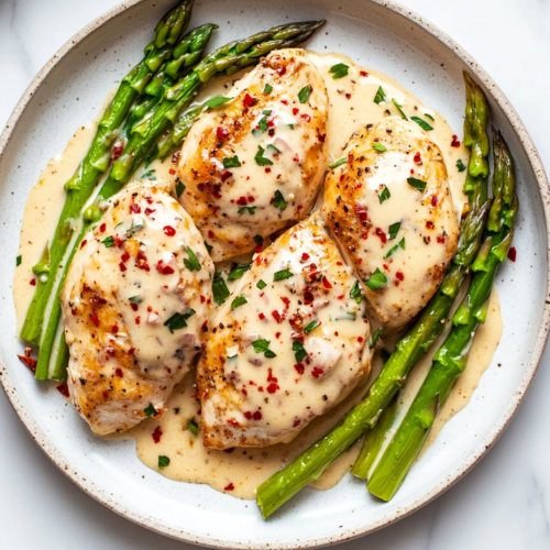 This image shows a plated dish of chicken and asparagus in a rich white cream sauce with melted butter and sautéed onions, ready to be served.