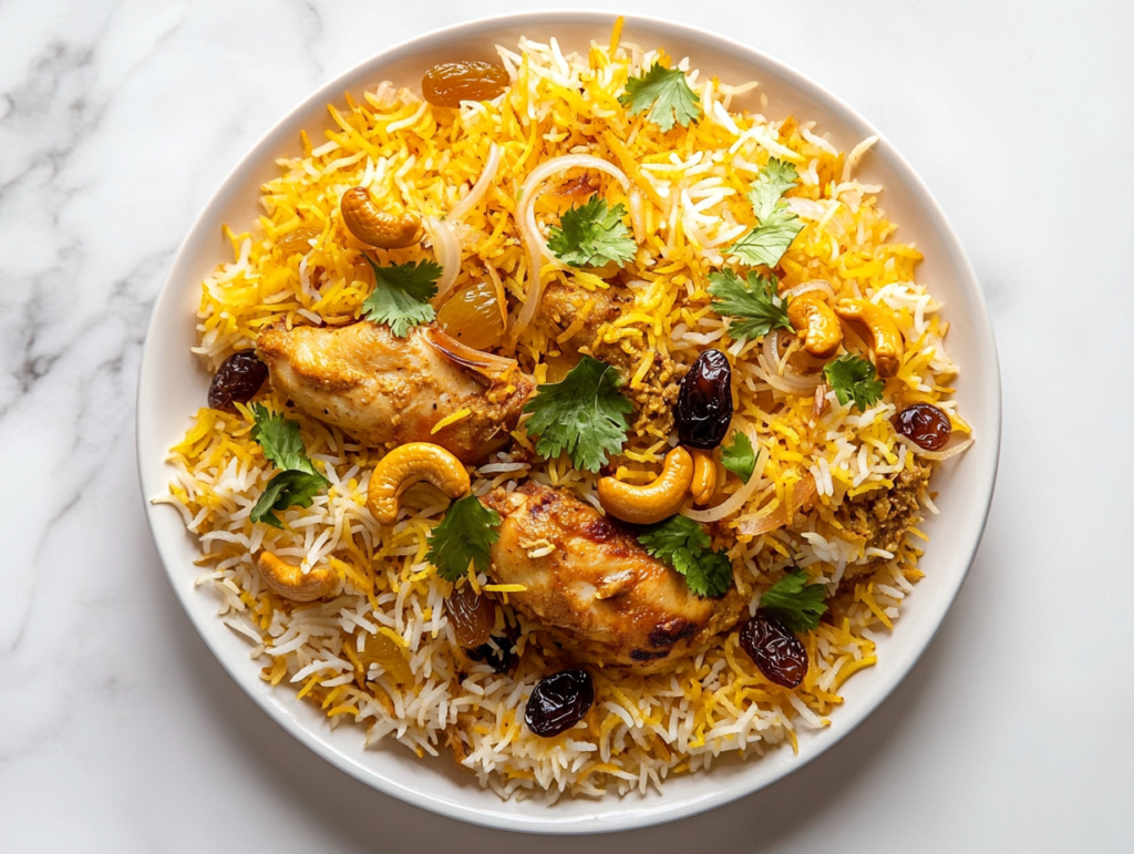 This image shows a beautifully plated Chicken Dum Biryani topped with crispy fried onions, freshly chopped herbs, saffron-infused milk, rich fried nuts coated in ghee, and a hint of kewra and rose essence for a fragrant and royal finish.
