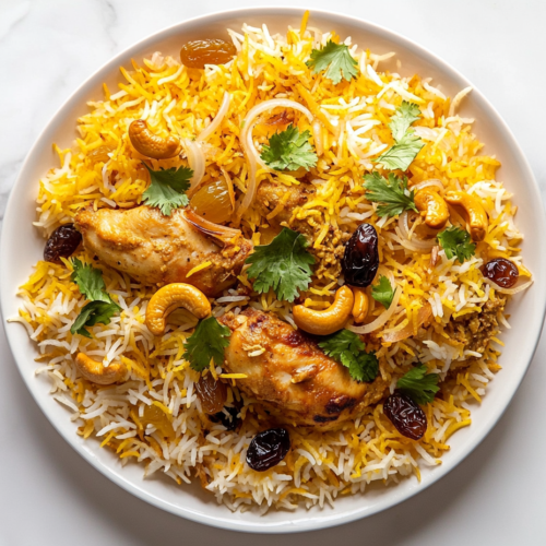 This image shows a beautifully plated Chicken Dum Biryani topped with crispy fried onions, freshly chopped herbs, saffron-infused milk, rich fried nuts coated in ghee, and a hint of kewra and rose essence for a fragrant and royal finish.