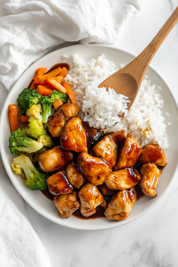 This image shows the final touch of sesame seeds and finely chopped green onions sprinkled over a chicken teriyaki bowl, enhancing its flavor and presentation.