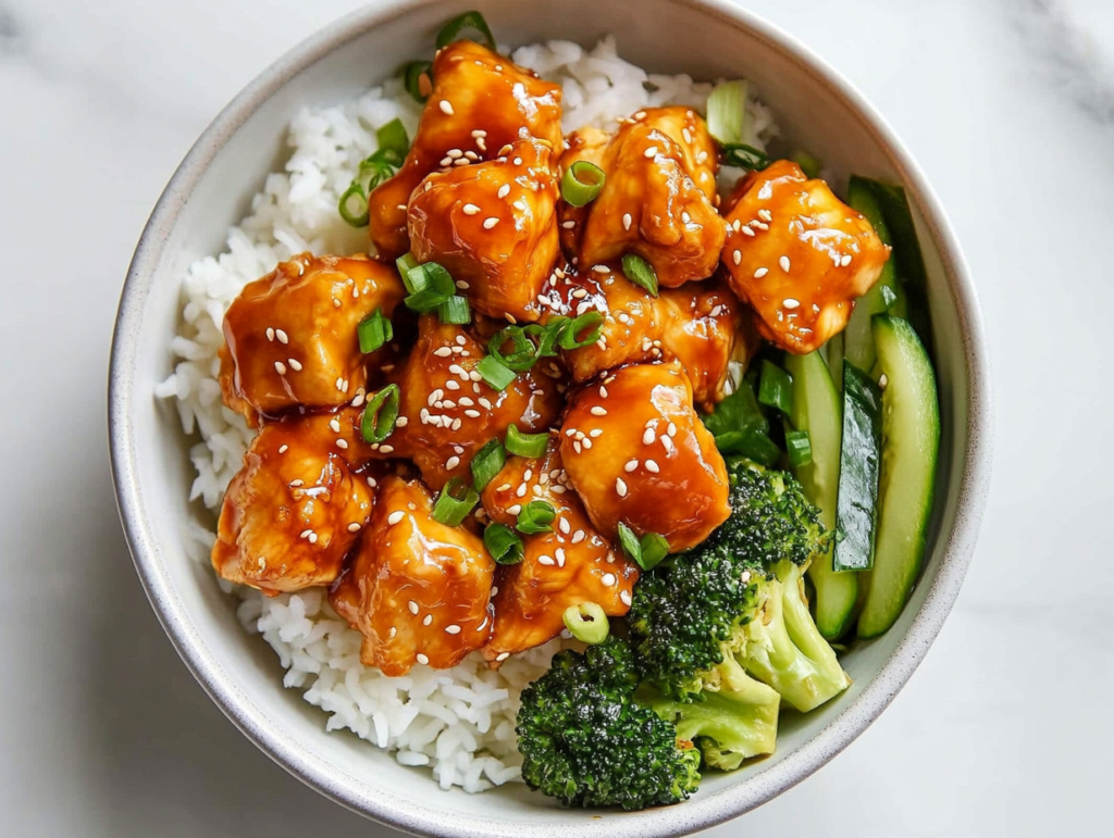 This image shows a beautifully arranged chicken teriyaki bowl with tender, sauce-coated chicken on a bed of fluffy rice, accompanied by vibrant green broccoli for extra crunch.