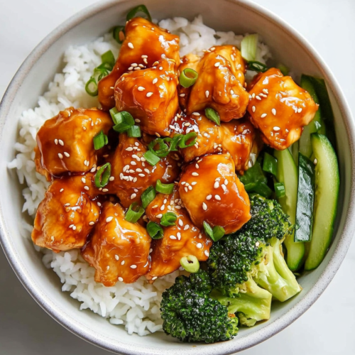 This image shows a beautifully arranged chicken teriyaki bowl with tender, sauce-coated chicken on a bed of fluffy rice, accompanied by vibrant green broccoli for extra crunch.