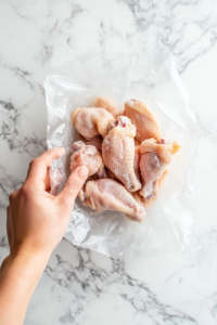 This image shows raw chicken wings being evenly coated in cornstarch, creating a crispy outer texture when fried.