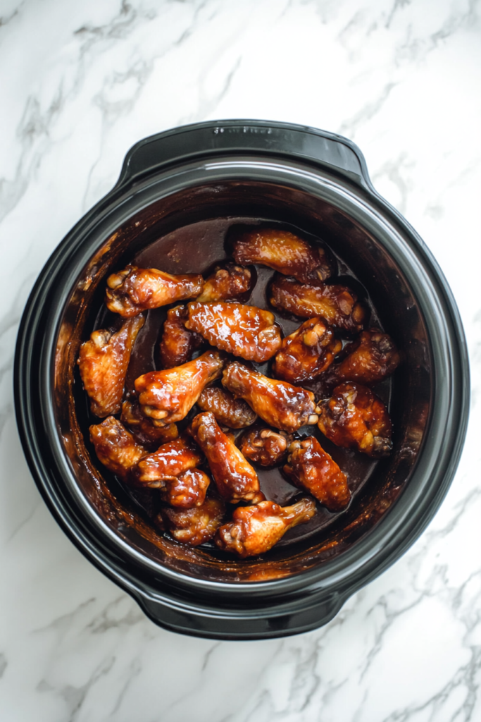 This image shows chicken wings simmering in a slow cooker, absorbing the rich honey BBQ sauce, becoming fall-off-the-bone tender and irresistibly flavorful.