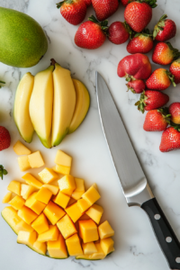 This image shows a variety of seasonal fruits being chopped in preparation for adding to the custard.