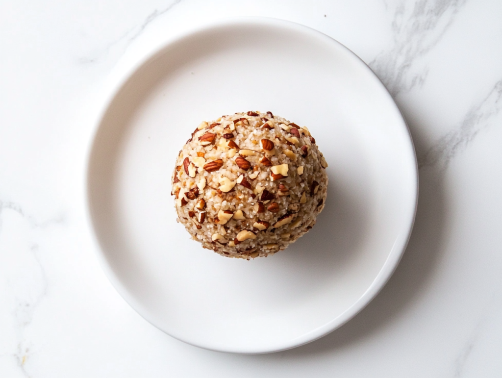 This image shows a classic cheese ball, coated with crunchy pecans, sitting on a round white plate, ready to be served as a delicious appetizer.