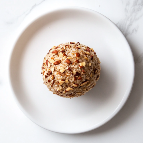 This image shows a classic cheese ball, coated with crunchy pecans, sitting on a round white plate, ready to be served as a delicious appetizer.