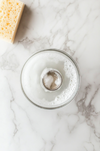 This image shows a person washing the metal lid and ring under running water to remove any debris, an essential step in ensuring a proper seal for homemade sweet pickles.