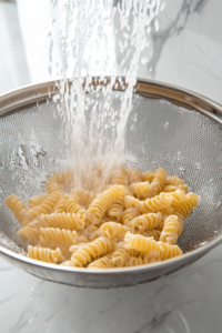 This image shows freshly cooked pasta being drained in a colander, allowing excess water to run off before mixing it with crab and other salad ingredients.