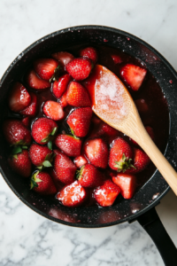 Fresh strawberries simmering with sugar in a pot, creating a sweet and vibrant filling.