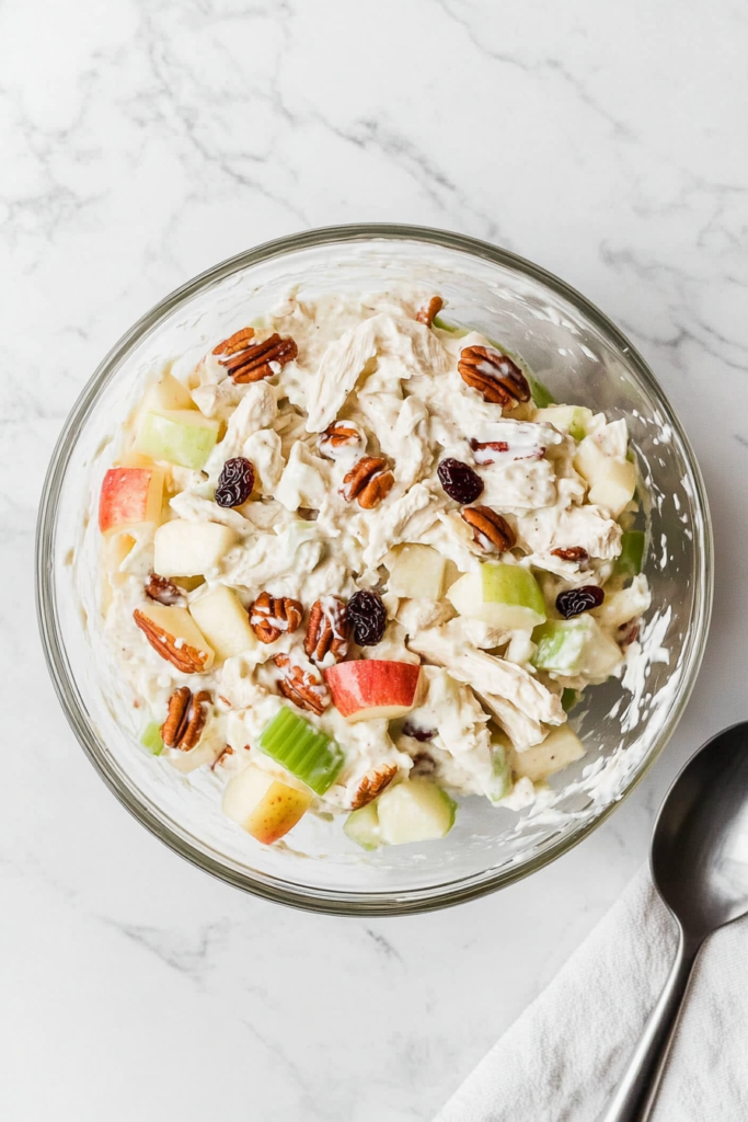 This image shows a bowl of freshly prepared chicken salad being covered with plastic wrap before refrigerating, allowing the flavors to meld together while chilling for a refreshing and delicious dish.