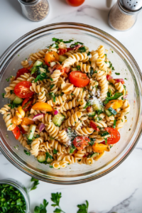 This image shows a crab pasta salad being carefully seasoned with salt and freshly ground black pepper, ensuring a perfectly balanced taste with every bite.