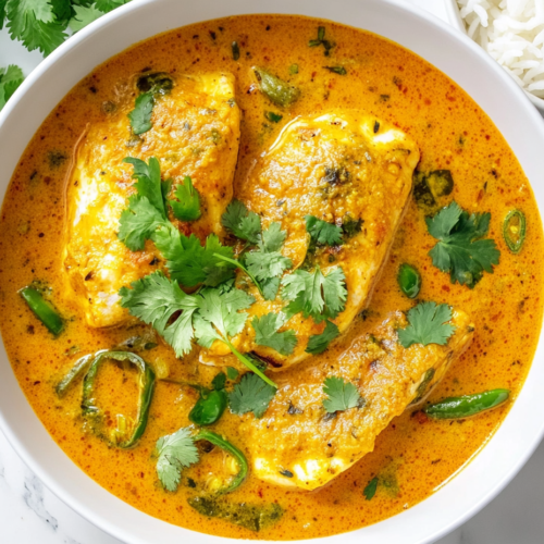 This image shows a creamy Goan Fish Curry with a rich yellow-orange coconut-based sauce, tender fish pieces, and a generous topping of freshly chopped cilantro for a vibrant and aromatic finish.