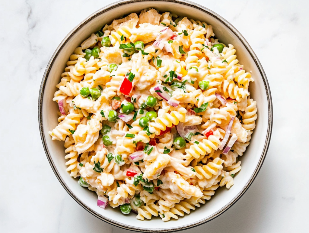 This image shows a delicious and refreshing crab pasta salad in a large mixing bowl, featuring cooked pasta, tender crab meat, peas, diced onions, celery, and bell peppers, all gently coated in a creamy mayo and dill dressing for a flavorful bite.
