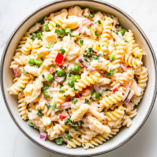 This image shows a delicious and refreshing crab pasta salad in a large mixing bowl, featuring cooked pasta, tender crab meat, peas, diced onions, celery, and bell peppers, all gently coated in a creamy mayo and dill dressing for a flavorful bite.