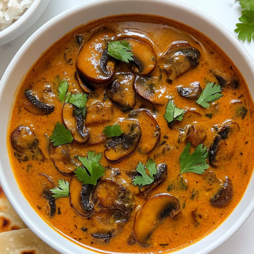 This image shows a bowl of creamy Mushroom Masala, featuring a rich brown curry with tender mushroom pieces, garnished with fresh chopped coriander for a vibrant and aromatic touch.