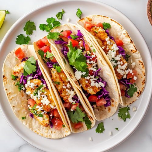 This image shows a plate of freshly assembled fish tacos, filled with chopped firefish, melted cheese, and a medley of vibrant vegetables, topped with freshly chopped cilantro for a burst of flavor.