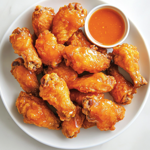 This image showcases a plate of crispy mango habanero wings served on a round white plate, with a side of dipping sauce in a small bowl.