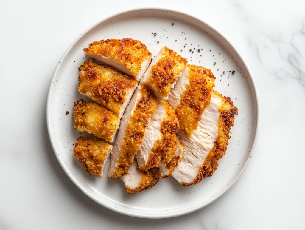 This image shows a serving of panko-breaded chicken, cut into pieces to reveal a crispy, golden-brown crumb coating on the outside and juicy, tender chicken on the inside.