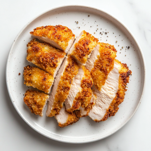 This image shows a serving of panko-breaded chicken, cut into pieces to reveal a crispy, golden-brown crumb coating on the outside and juicy, tender chicken on the inside.