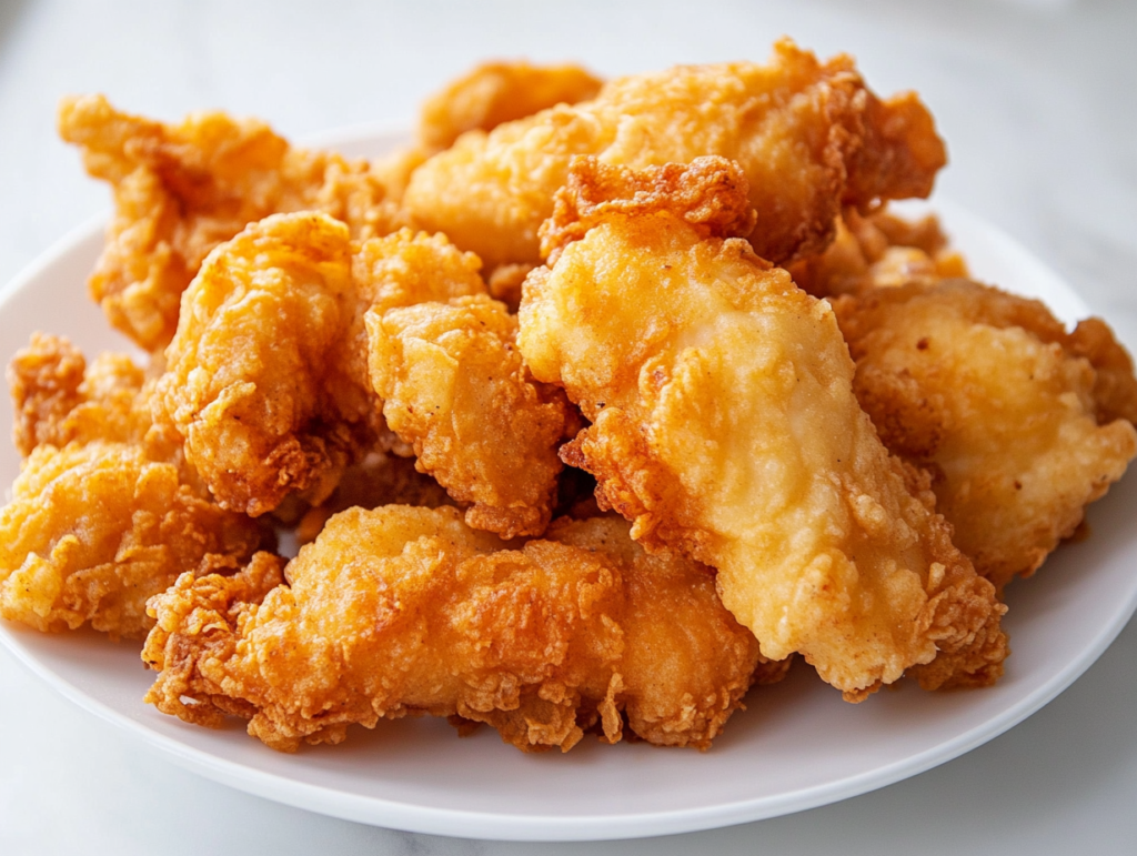 This image shows Crispy golden brown Long John Silvers-style battered fish and chicken pieces on a white plate, perfectly fried using the signature Long John Silvers Batter Recipe