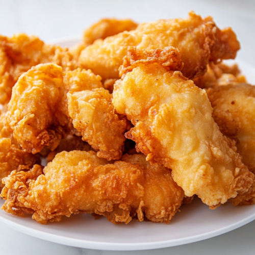 This image shows Crispy golden brown Long John Silvers-style battered fish and chicken pieces on a white plate, perfectly fried using the signature Long John Silvers Batter Recipe