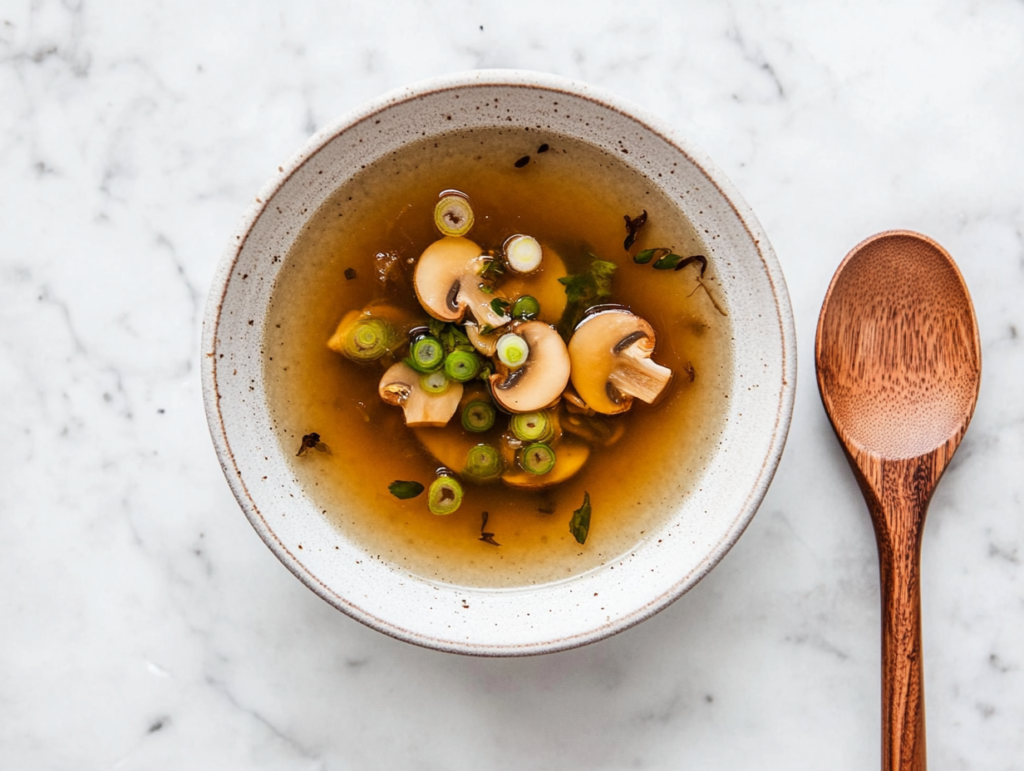 This image shows a delicate, clear soup served in a round bowl, beautifully garnished with thinly sliced scallions and mushrooms, creating a light yet flavorful dish.